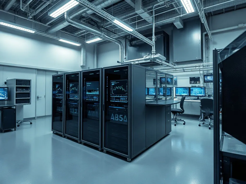 A technical laboratory setting with high-end computer server