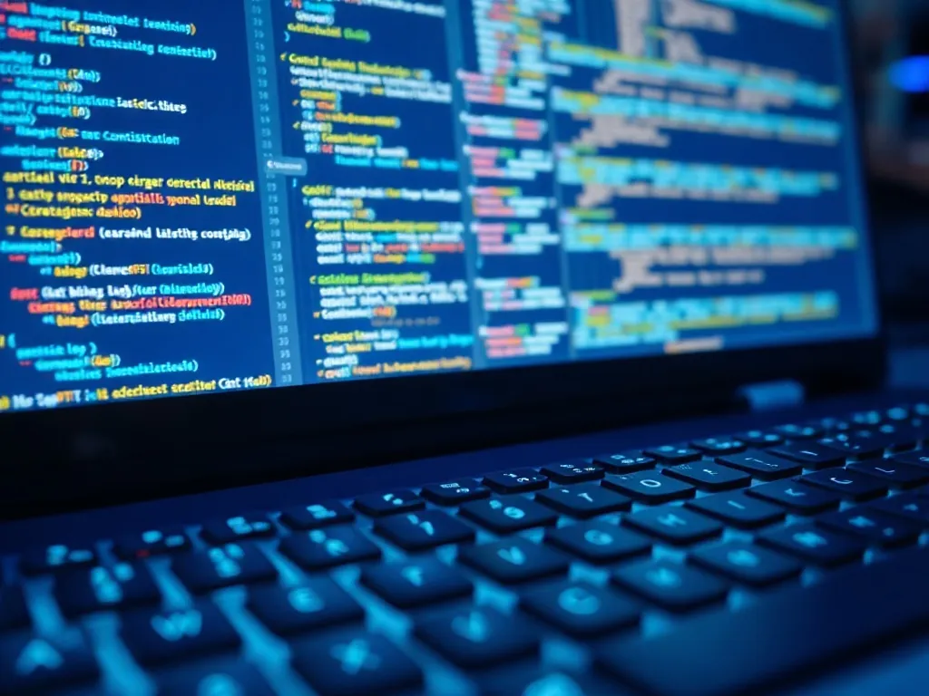 Close up of a keyboard and a screen with complex code, blue