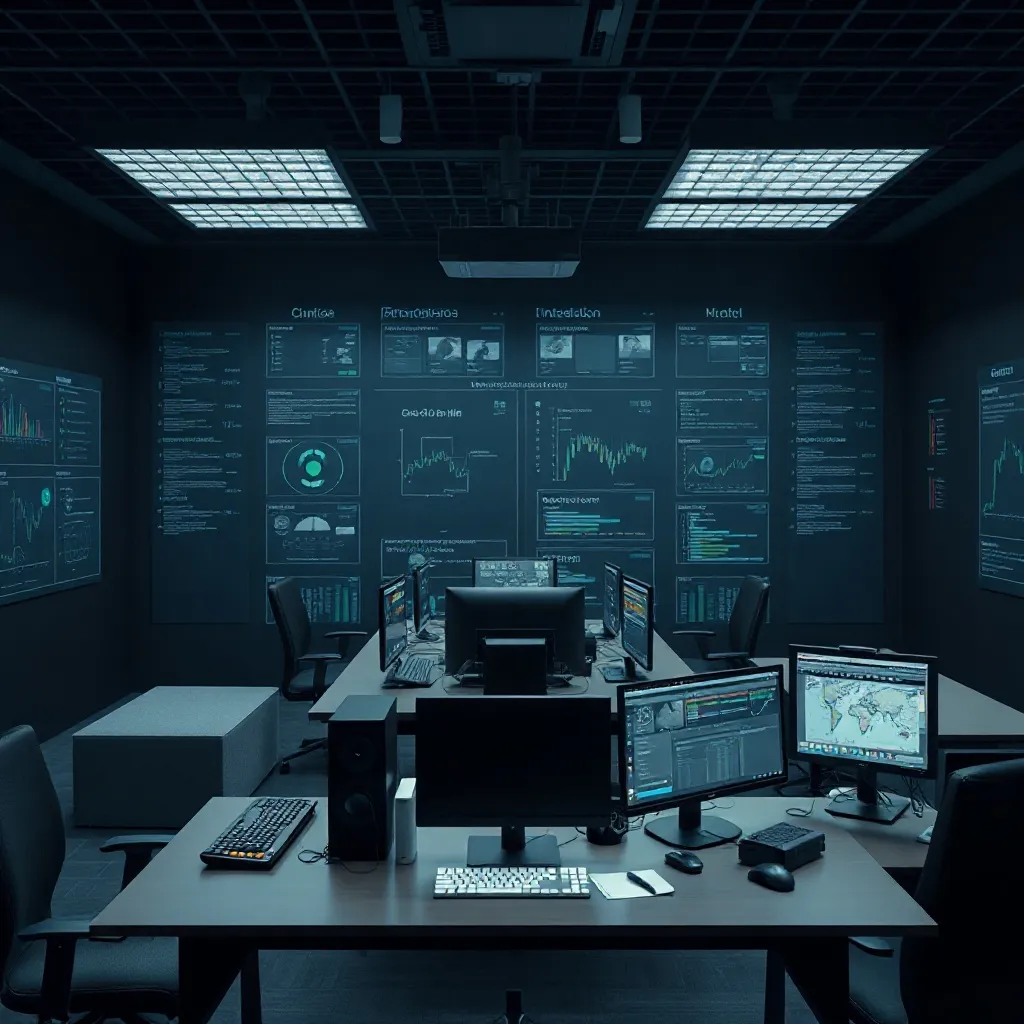 Professional dark office interior, focused atmosphere, minim