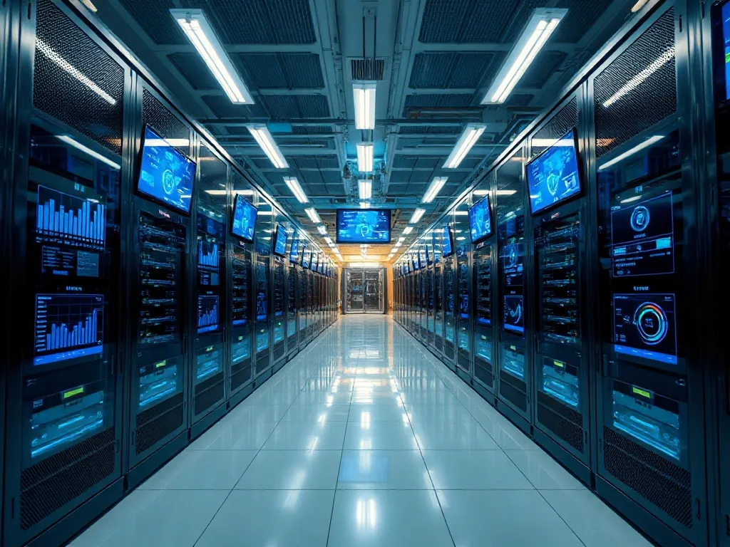A high-tech laboratory with server racks and blue data visua